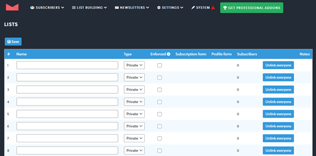 Extension Newsletter - Print screen - List of subscribers