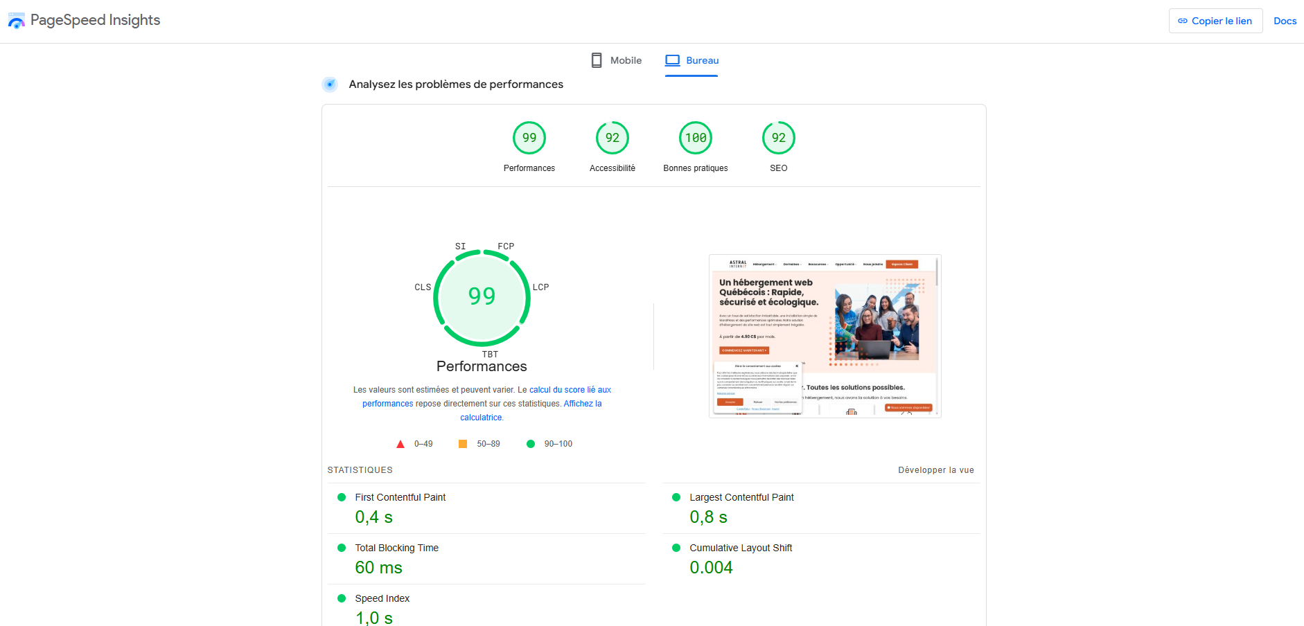 Tableau de bord Google Page Speed pour l'optimisation
