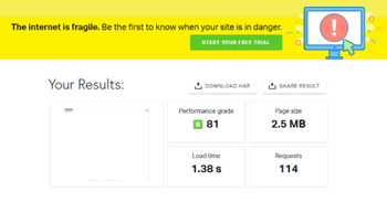 Impression d'écran de test effectué avec Pingdom performance