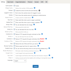 Page de configuration pour l'extension WP Fastest Cache