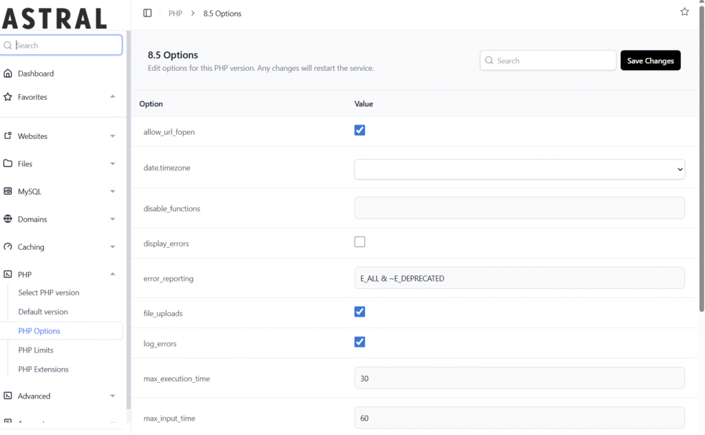 OpenPanel - Option de PHP