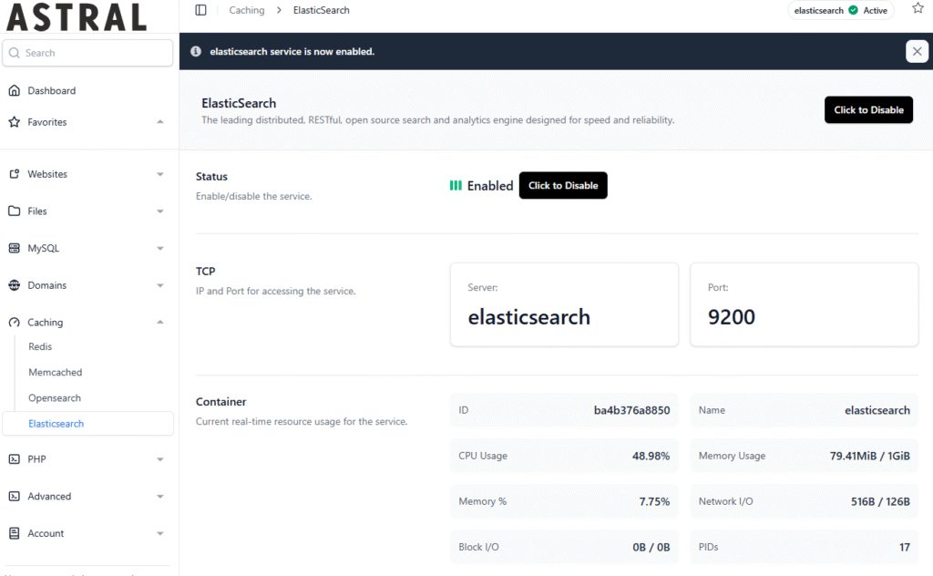 OpenPanel - options de serveur cache