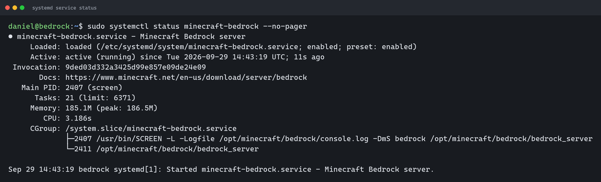 Output of systemctl status showing the minecraft-bedrock service active, with screen as the main process and bedrock_server below it